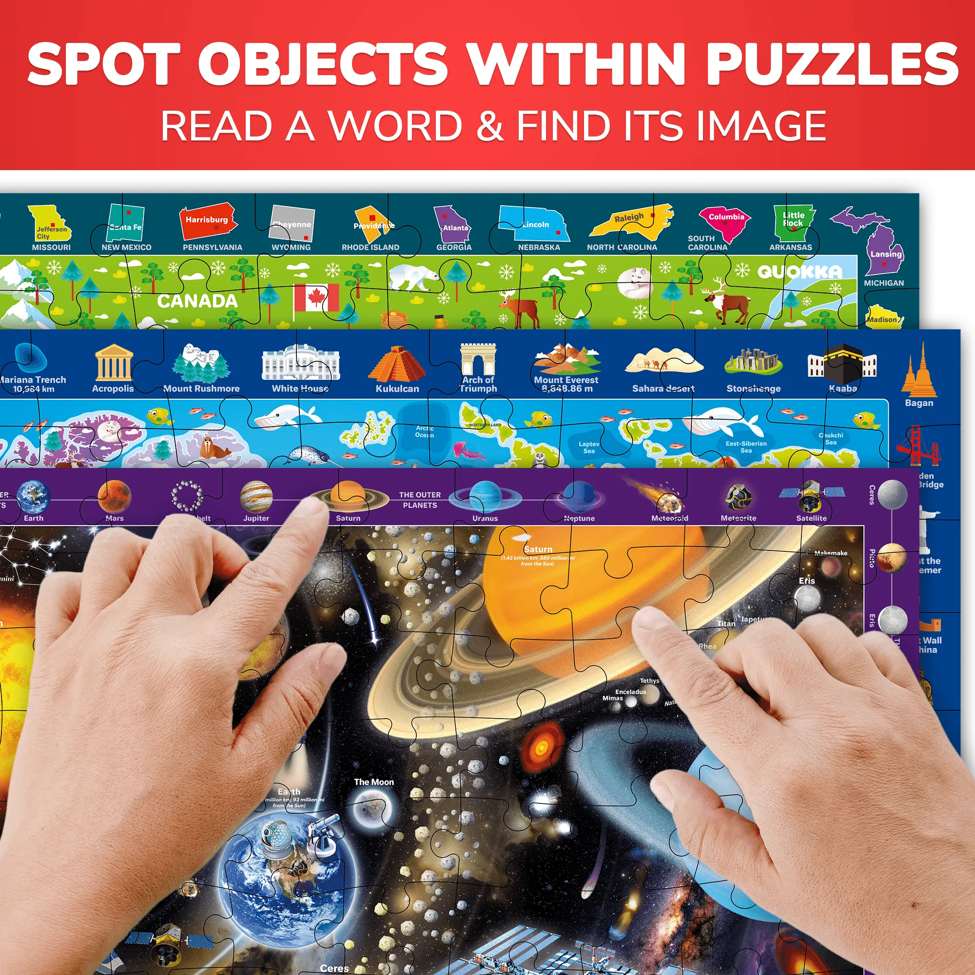 100 Pcs Search & Find Puzzles for Kids Maps & Space