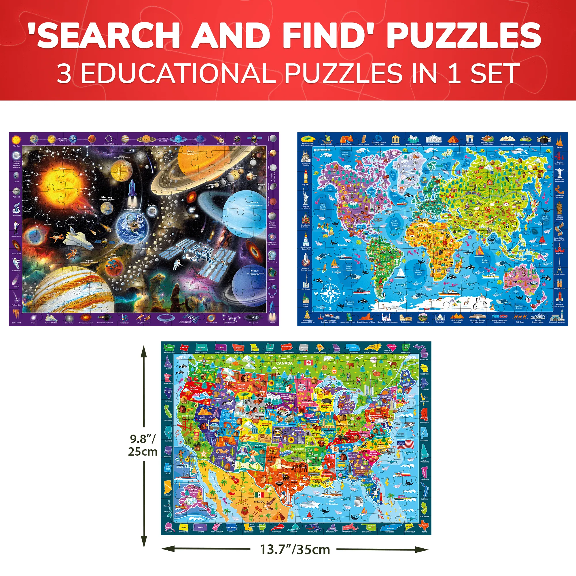 100 Pcs Search & Find Puzzles for Kids Maps & Space