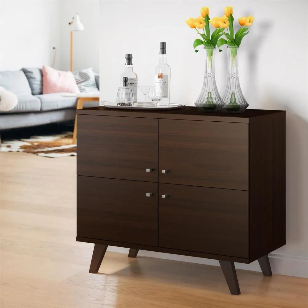 35 Inch Handcrafted Wood Multipurpose Storage Cabinet Console, 4 Doors, Angled Legs, Dark Brown By The Urban Port