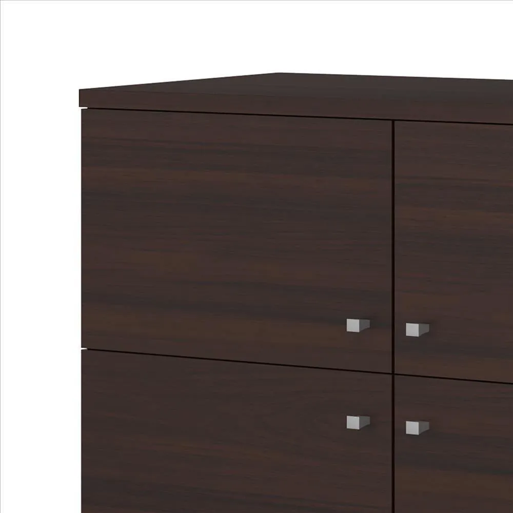 35 Inch Handcrafted Wood Multipurpose Storage Cabinet Console, 4 Doors, Angled Legs, Dark Brown By The Urban Port
