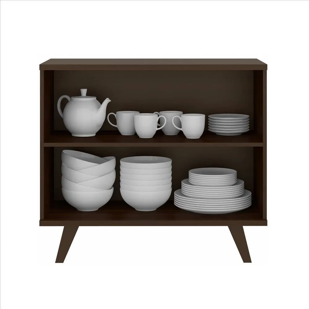 35 Inch Handcrafted Wood Multipurpose Storage Cabinet Console, 4 Doors, Angled Legs, Dark Brown By The Urban Port