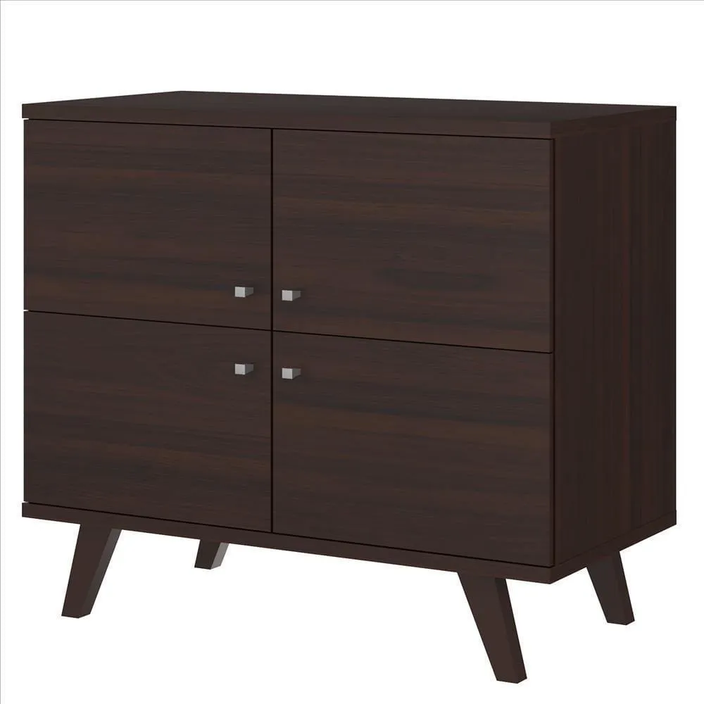 35 Inch Handcrafted Wood Multipurpose Storage Cabinet Console, 4 Doors, Angled Legs, Dark Brown By The Urban Port