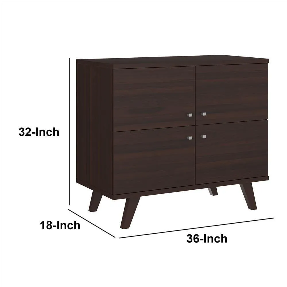 35 Inch Handcrafted Wood Multipurpose Storage Cabinet Console, 4 Doors, Angled Legs, Dark Brown By The Urban Port