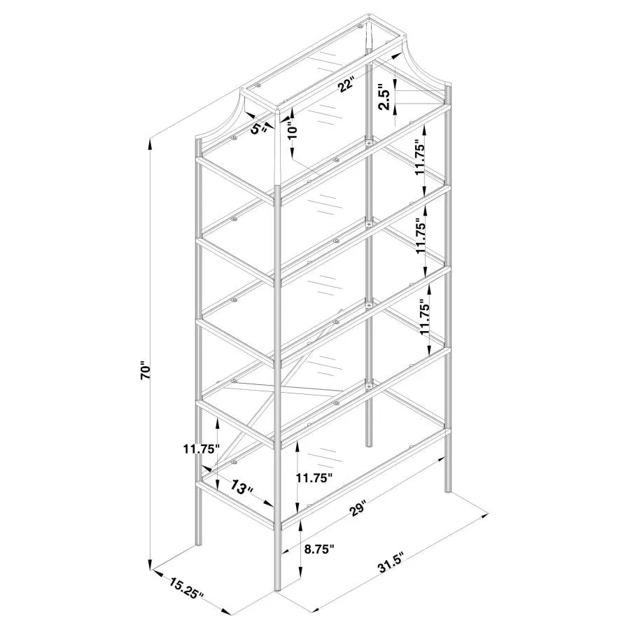 5-tier Tempered Glass Shelves Bookcase Matte Gold