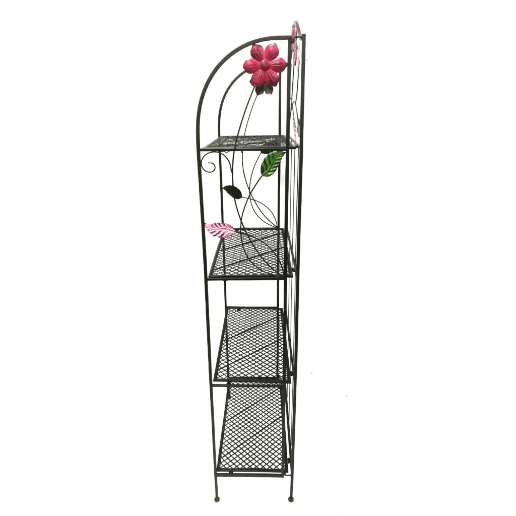 65 Inch Metal Foldable Bakers Rack, Four Tier with Flower Motifs, Black The Urban Port