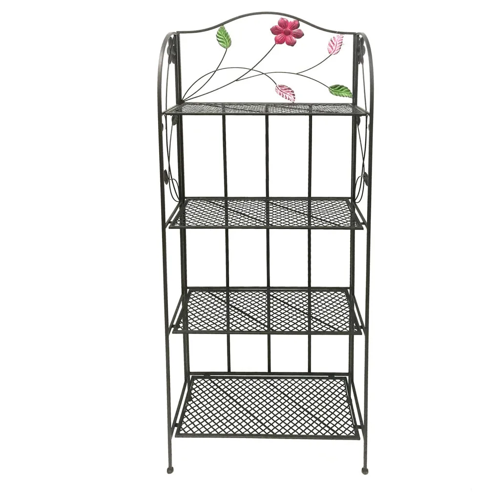 65 Inch Metal Foldable Bakers Rack, Four Tier with Flower Motifs, Black The Urban Port