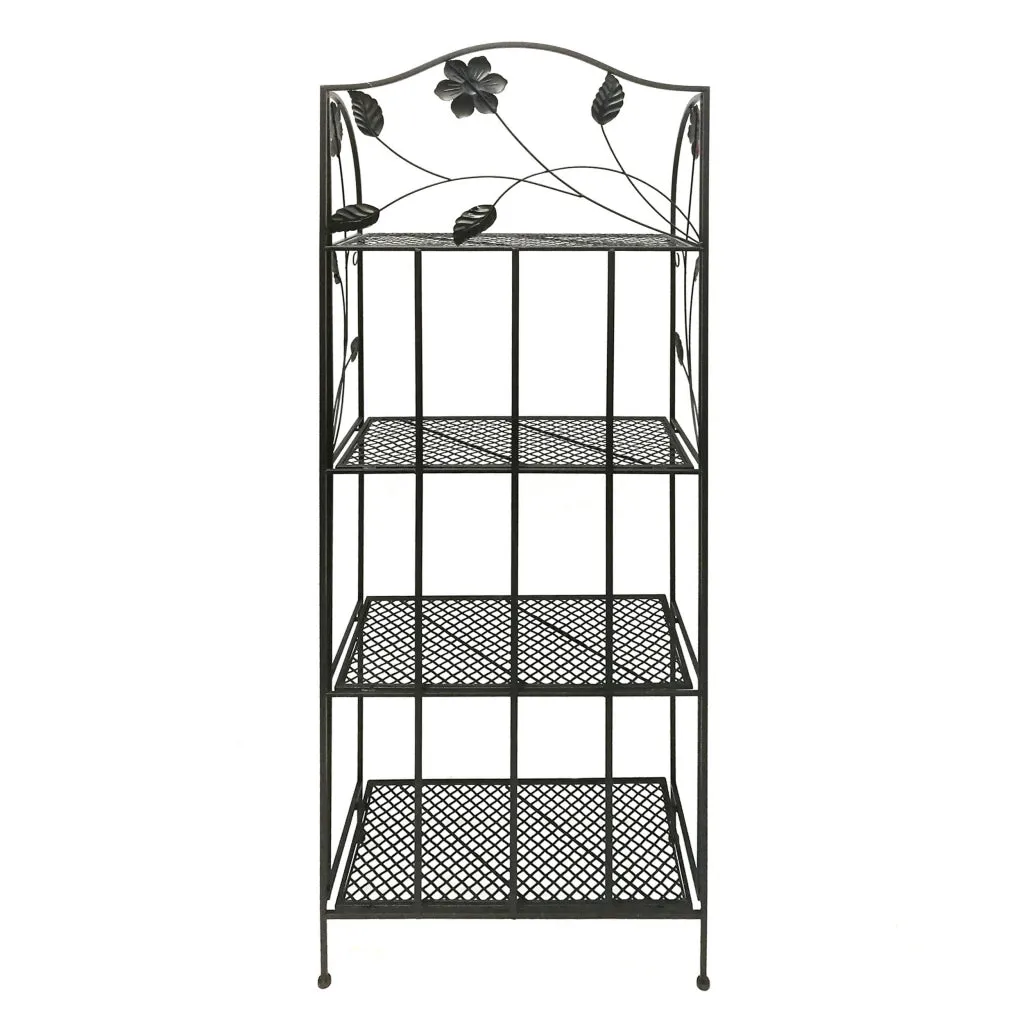 65 Inch Metal Foldable Bakers Rack, Four Tier with Flower Motifs, Black The Urban Port