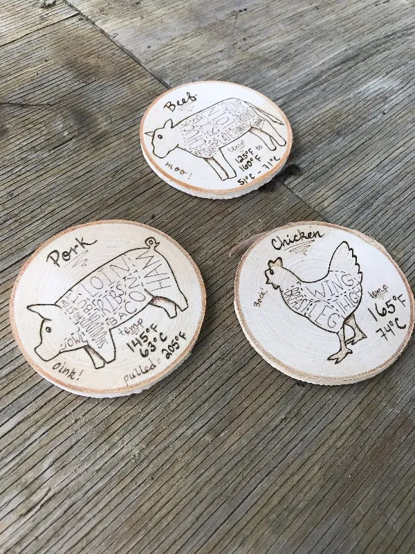 Beef, Chicken, and Pork Butcher Chart Magnets with Cooking Temperatures