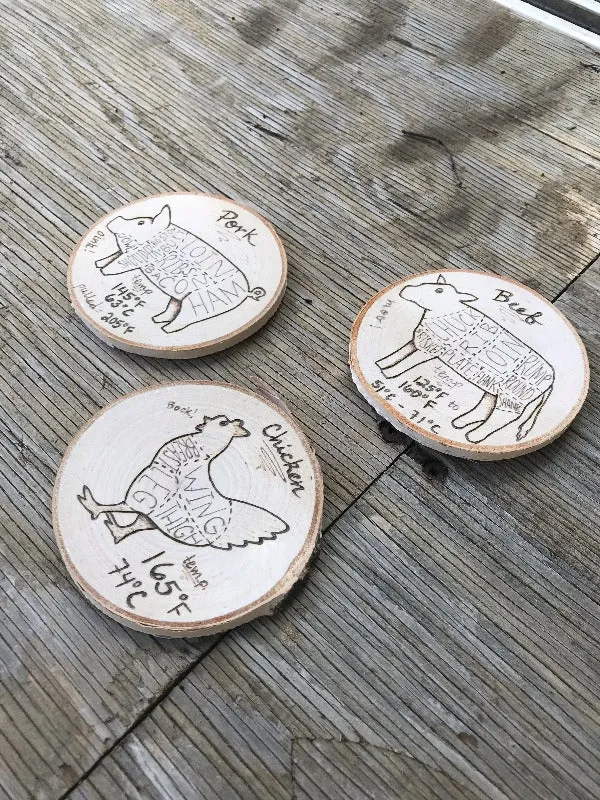 Beef, Chicken, and Pork Butcher Chart Magnets with Cooking Temperatures