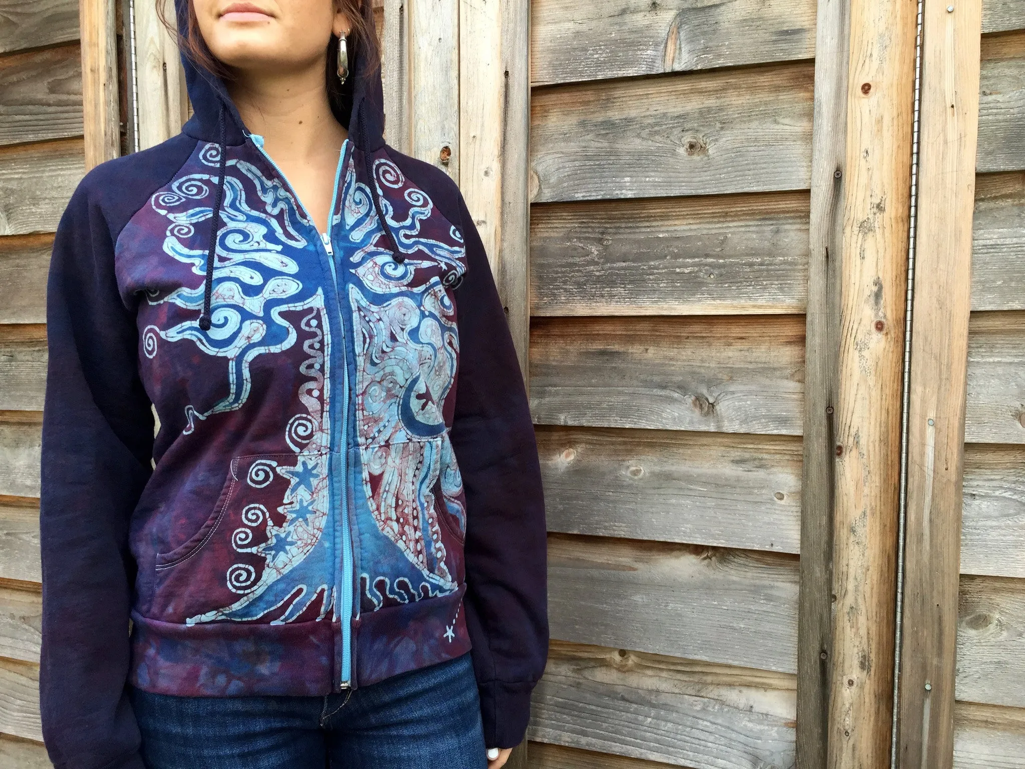 Burgundy Blue Tree of Life Handmade Batik Hoodie