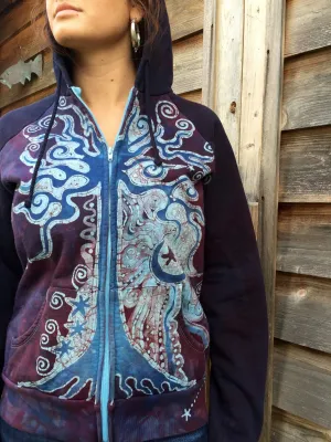 Burgundy Blue Tree of Life Handmade Batik Hoodie