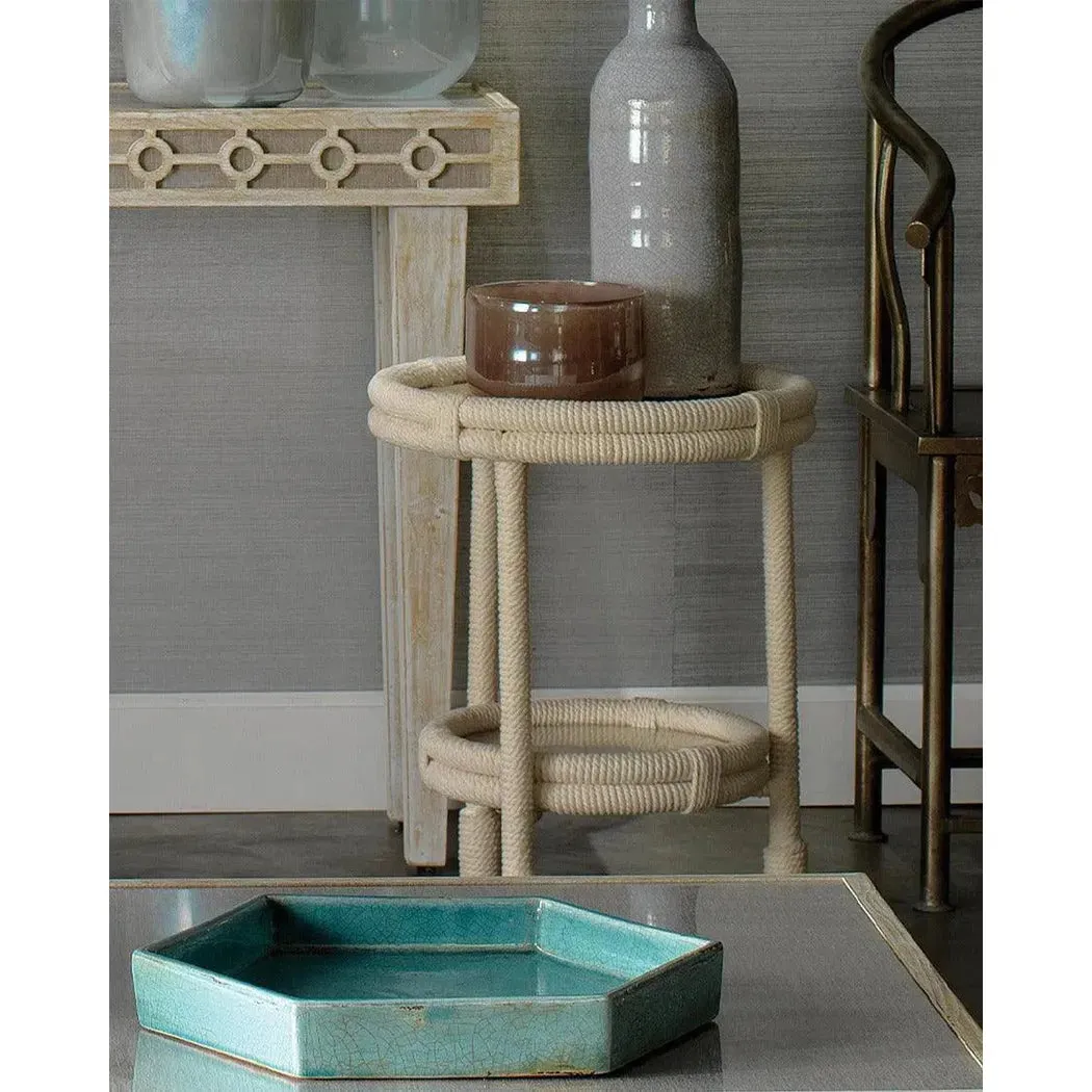 Coastal White Rope Mid Century Modern Side Table With Storage