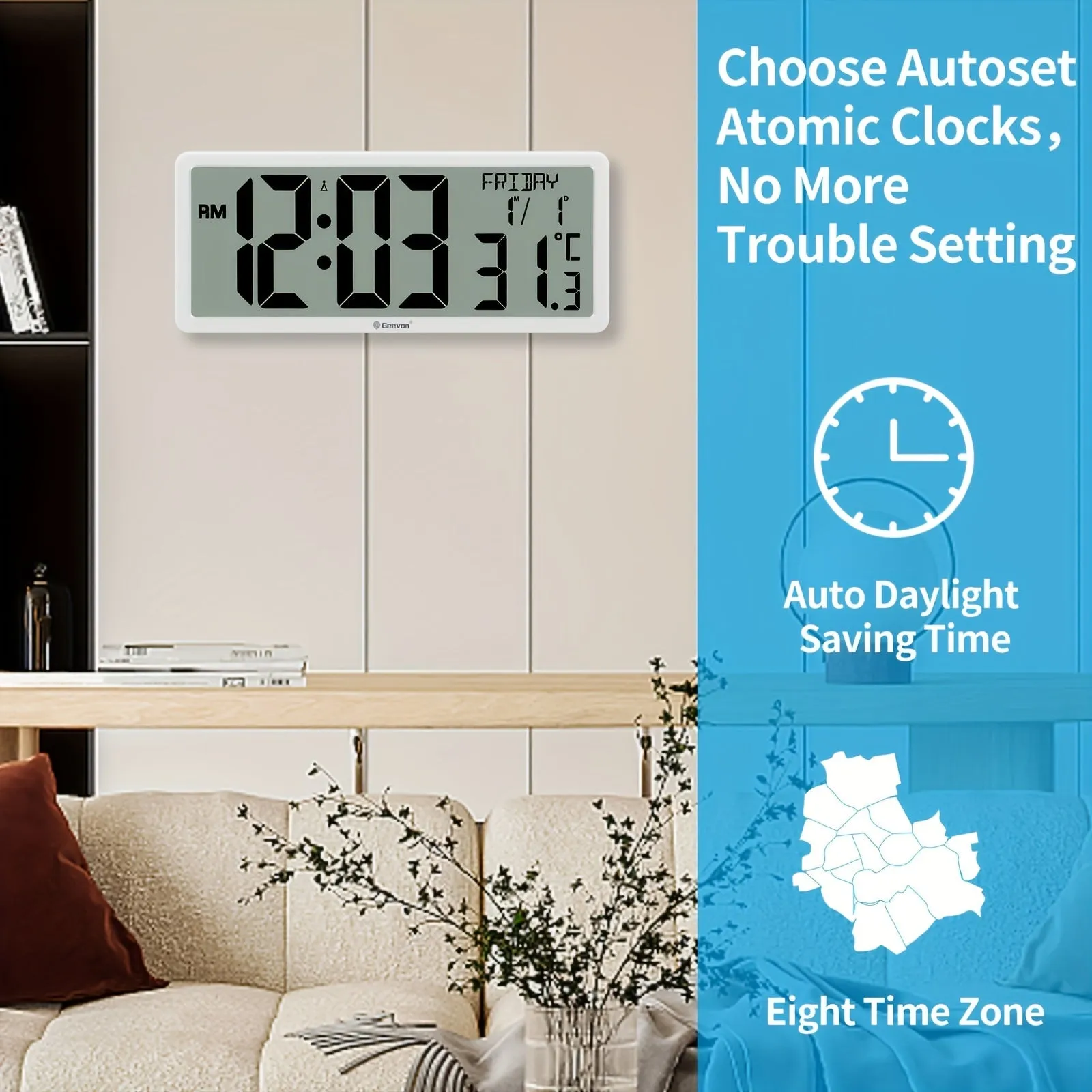 Geevon 36.32cm" Atomic Clock Battery Driven, Automatic Setting Large Atomic Digital Wall Clock With Temperature, Date