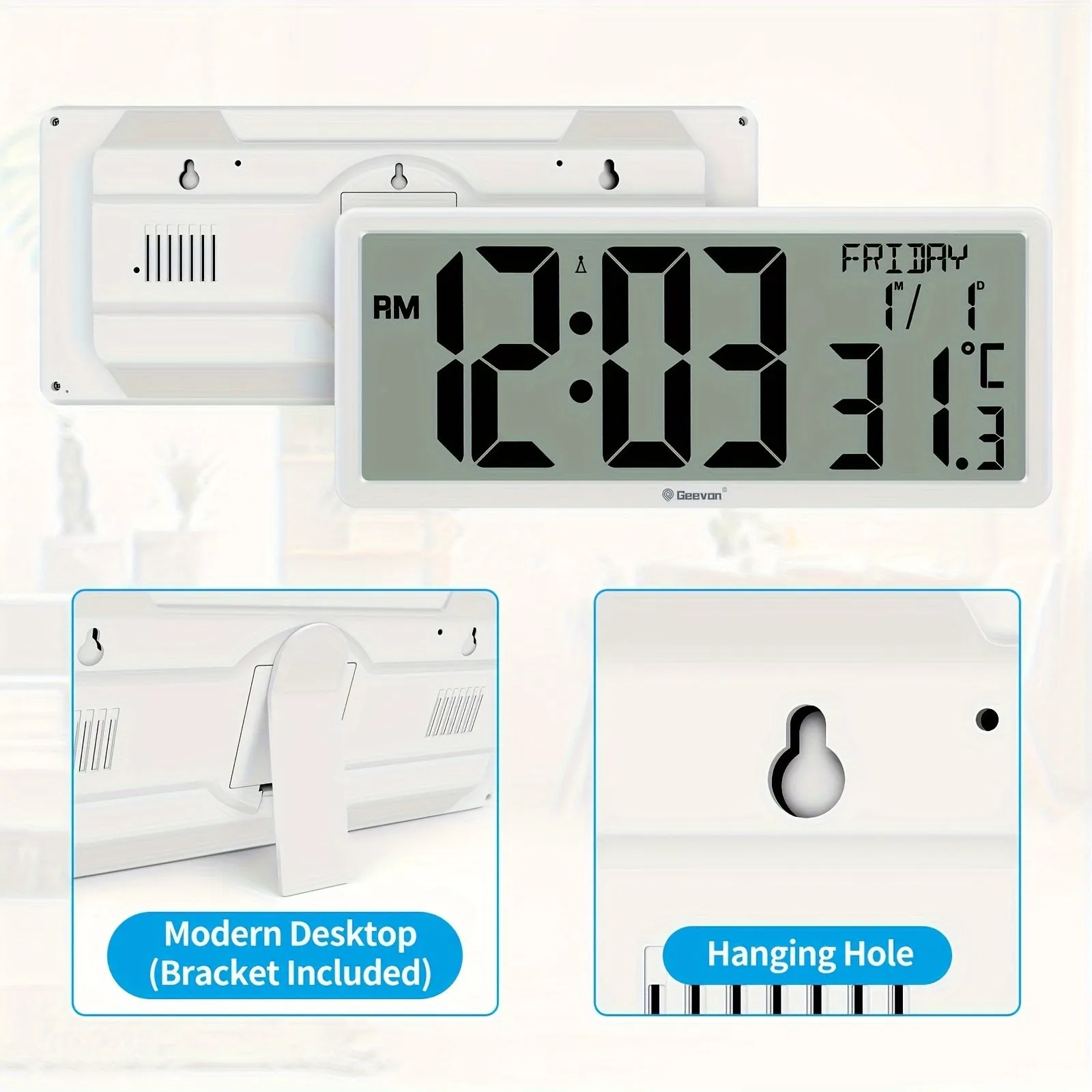 Geevon 36.32cm" Atomic Clock Battery Driven, Automatic Setting Large Atomic Digital Wall Clock With Temperature, Date