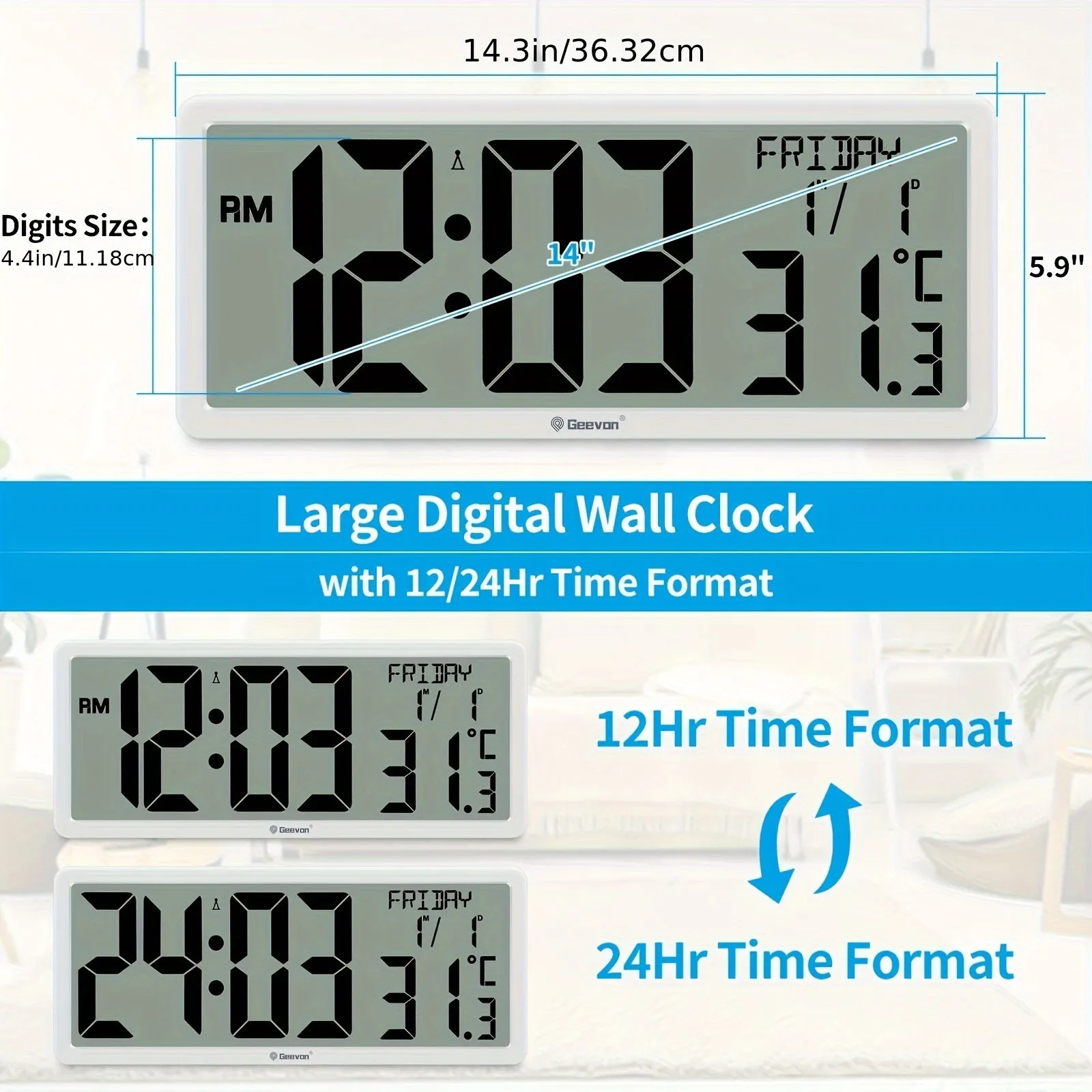 Geevon 36.32cm" Atomic Clock Battery Driven, Automatic Setting Large Atomic Digital Wall Clock With Temperature, Date