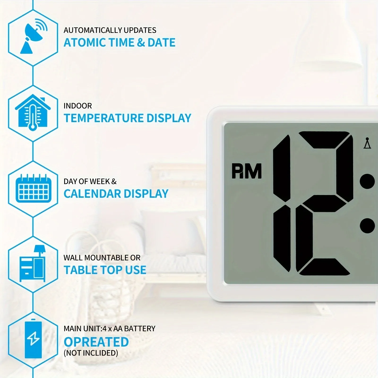 Geevon 36.32cm" Atomic Clock Battery Driven, Automatic Setting Large Atomic Digital Wall Clock With Temperature, Date