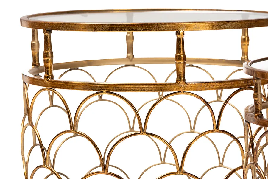 George Antique Gold Metal, Glass 2-Piece Stackable Accent Table Set