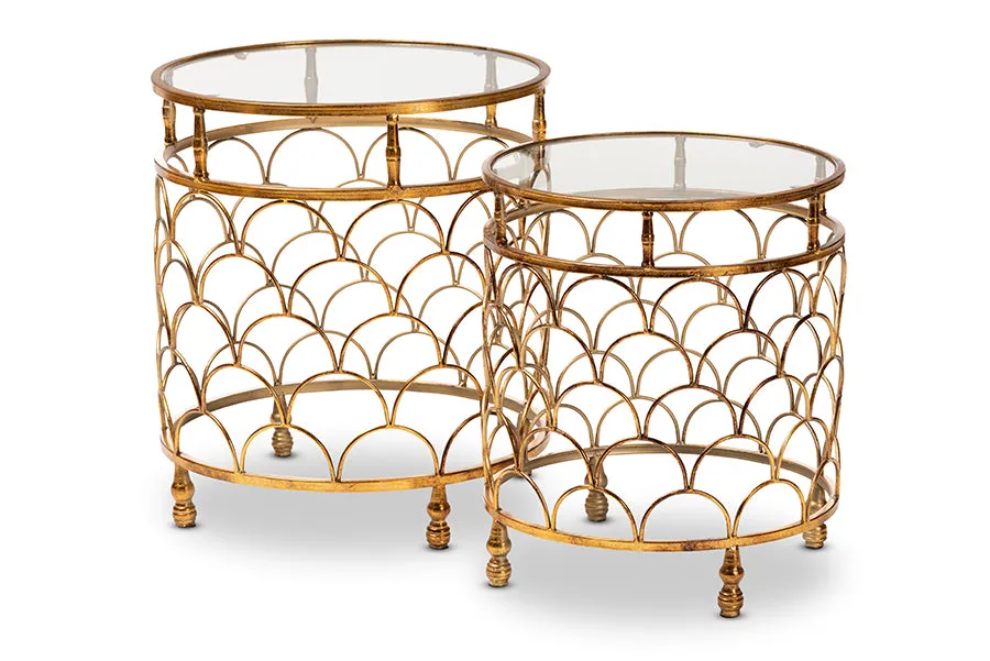 George Antique Gold Metal, Glass 2-Piece Stackable Accent Table Set