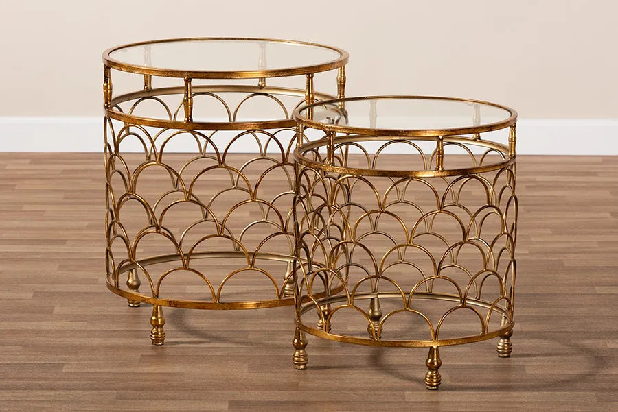 George Antique Gold Metal, Glass 2-Piece Stackable Accent Table Set