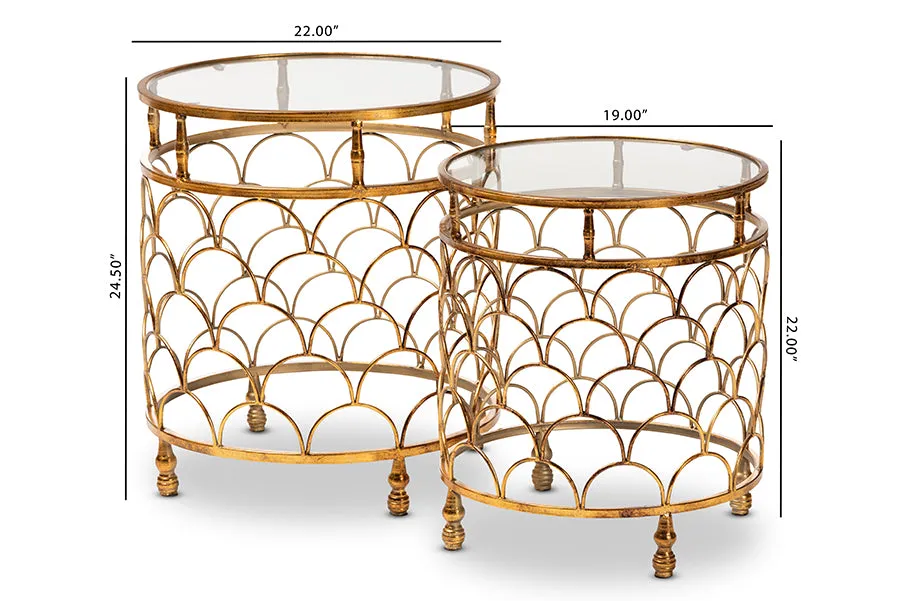 George Antique Gold Metal, Glass 2-Piece Stackable Accent Table Set