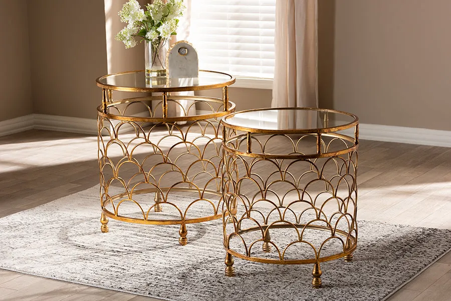 George Antique Gold Metal, Glass 2-Piece Stackable Accent Table Set