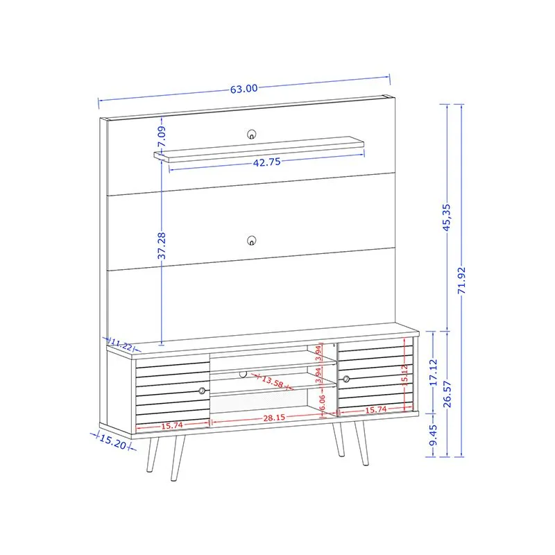 Liberty 63" Freestanding Entertainment Center with Overhead shelf in White and Aqua Blue