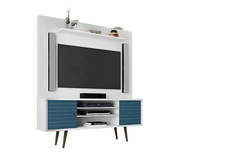Liberty 63" Freestanding Entertainment Center with Overhead shelf in White and Aqua Blue