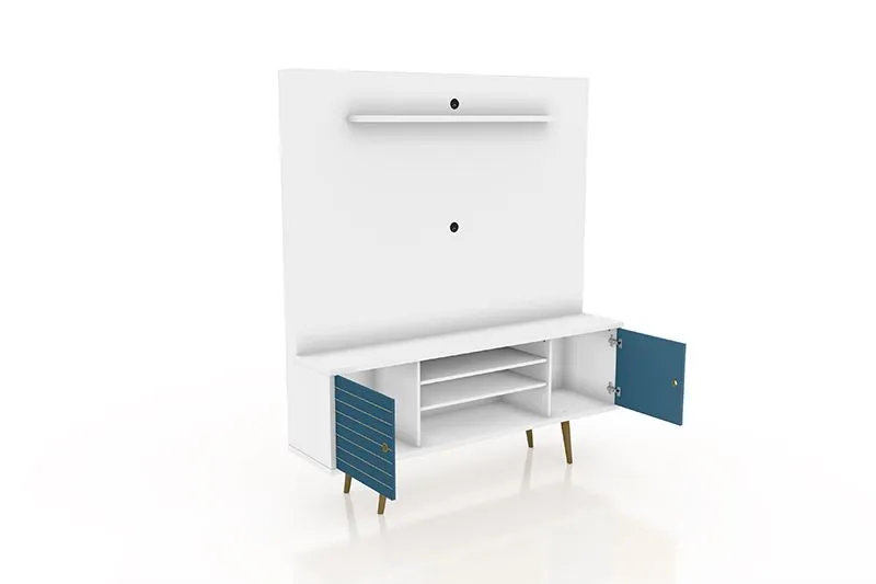 Liberty 63" Freestanding Entertainment Center with Overhead shelf in White and Aqua Blue