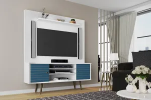 Liberty 63" Freestanding Entertainment Center with Overhead shelf in White and Aqua Blue