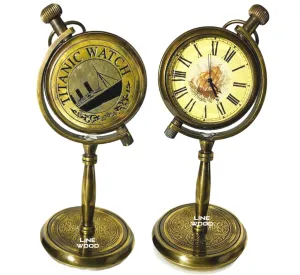 LINE WOOD™ - Antique Brass Table Clock Desk Clock Vintagre Style for Home & Office, Study Living Room Decor Gift (5 Inch Brown)
