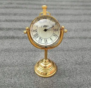 LINE WOOD™ - Handmade Antique Brass Table Clock Desk Clock Nautical Vintage Maritime Small Table Watch Compass for Home & Office Study Room Decor Wedding Gift (5 Inch - Antique Brass)