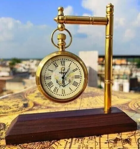 LINE WOOD™ - Handmade Antique Brass Table Clock Desk Clock Watches with Brass Square Base Nautical Style Home & Office Decor Wedding Gift (4.5 Inch - Antique Brown)