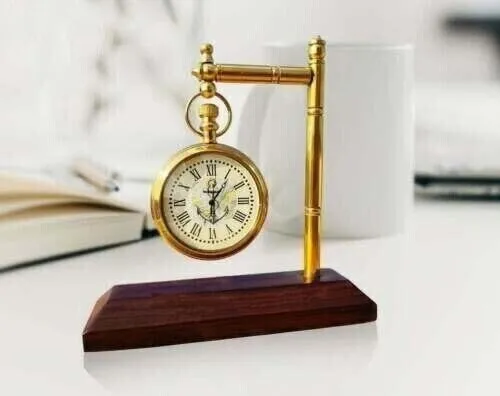 LINE WOOD™ - Handmade Antique Brass Table Clock Desk Clock Watches with Brass Square Base Nautical Style Home & Office Decor Wedding Gift (4.5 Inch - Antique Brown)