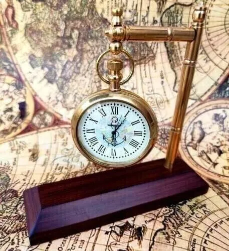 LINE WOOD™ - Handmade Antique Brass Table Clock Desk Clock Watches with Brass Square Base Nautical Style Home & Office Decor Wedding Gift (4.5 Inch - Antique Brown)