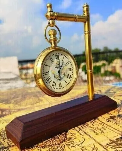 LINE WOOD™ - Handmade Antique Brass Table Clock Desk Clock Watches with Brass Square Base Nautical Style Home & Office Decor Wedding Gift (4.5 Inch - Antique Brown)