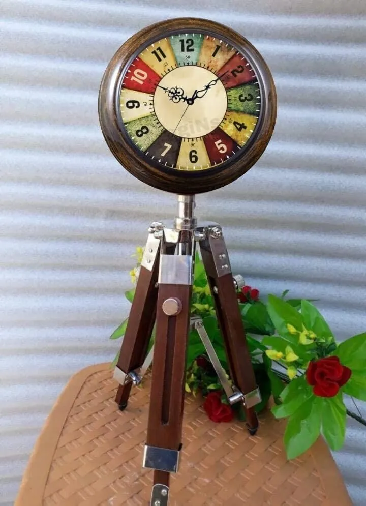 LINE WOOD™ - Handmade Wooden Table Clock Deck Clock with Adjustable Tripod Stand Steel Finish Antique Stayle Home & Office Decor Gift (20 Inch Multi Color)