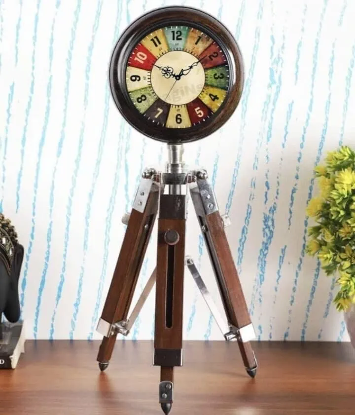 LINE WOOD™ - Handmade Wooden Table Clock Deck Clock with Adjustable Tripod Stand Steel Finish Antique Stayle Home & Office Decor Gift (20 Inch Multi Color)