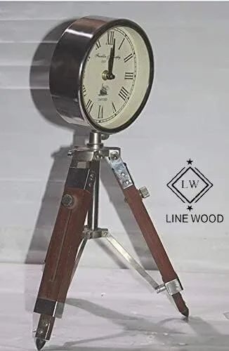 LINE WOOD™ - Handmade Wooden Table Clock Deck Clock with Adjustable Tripod Stand Steel Finish Home & Office Decor Gift (22 inch Silver)