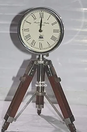 LINE WOOD™ - Handmade Wooden Table Clock Deck Clock with Adjustable Tripod Stand Steel Finish Home & Office Decor Gift (22 inch Silver)