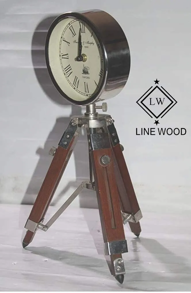 LINE WOOD™ - Handmade Wooden Table Clock Deck Clock with Adjustable Tripod Stand Steel Finish Home & Office Decor Gift (22 inch Silver)