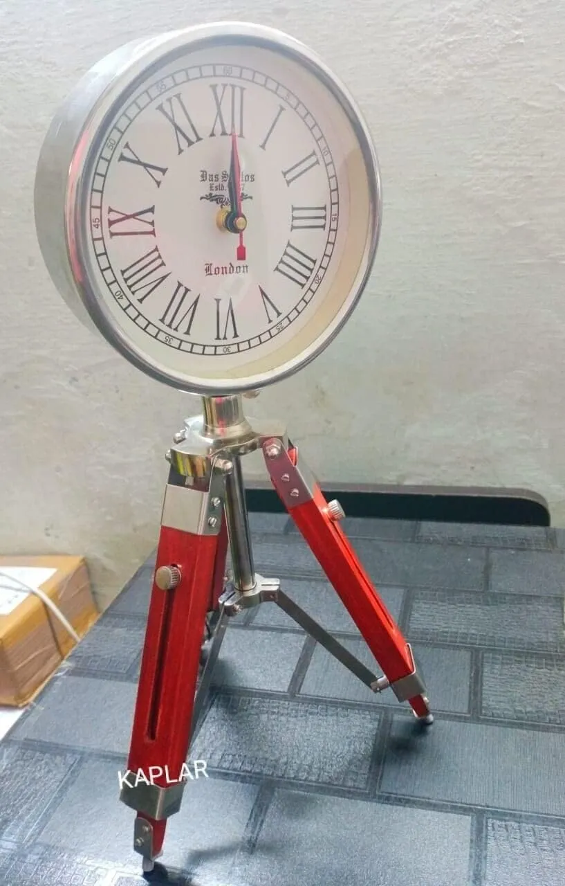 LINE WOOD™ - Handmade Wooden Table Clock Deck Clock with Adjustable Tripod Stand Steel Finish Nautical Style Home & Office Decor Gift (22 inch White Brown)