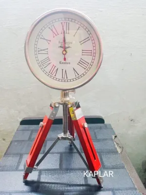 LINE WOOD™ - Handmade Wooden Table Clock Deck Clock with Adjustable Tripod Stand Steel Finish Nautical Style Home & Office Decor Gift (22 inch White Brown)