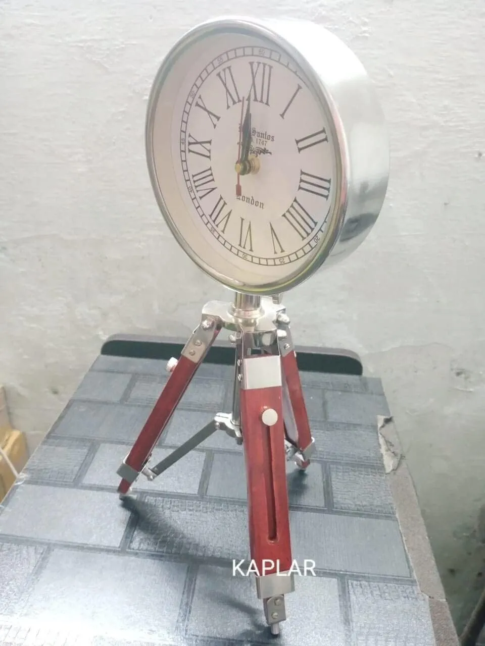 LINE WOOD™ - Handmade Wooden Table Clock Deck Clock with Adjustable Tripod Stand Steel Finish Nautical Style Home & Office Decor Gift (22 inch White Brown)