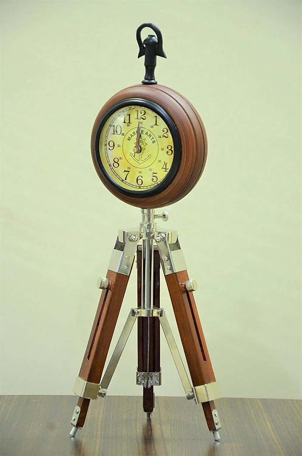 LINE WOOD™ - Handmade Wooden Table Clock Deck Clock with Adjustable Tripod Stand Steel Finish Victoria Stayle Home & Office Decor Gift (20 Inch Antique Brown)