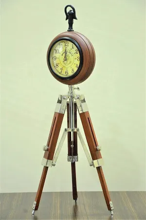 LINE WOOD™ - Handmade Wooden Table Clock Deck Clock with Adjustable Tripod Stand Steel Finish Victoria Stayle Home & Office Decor Gift (20 Inch Antique Brown)