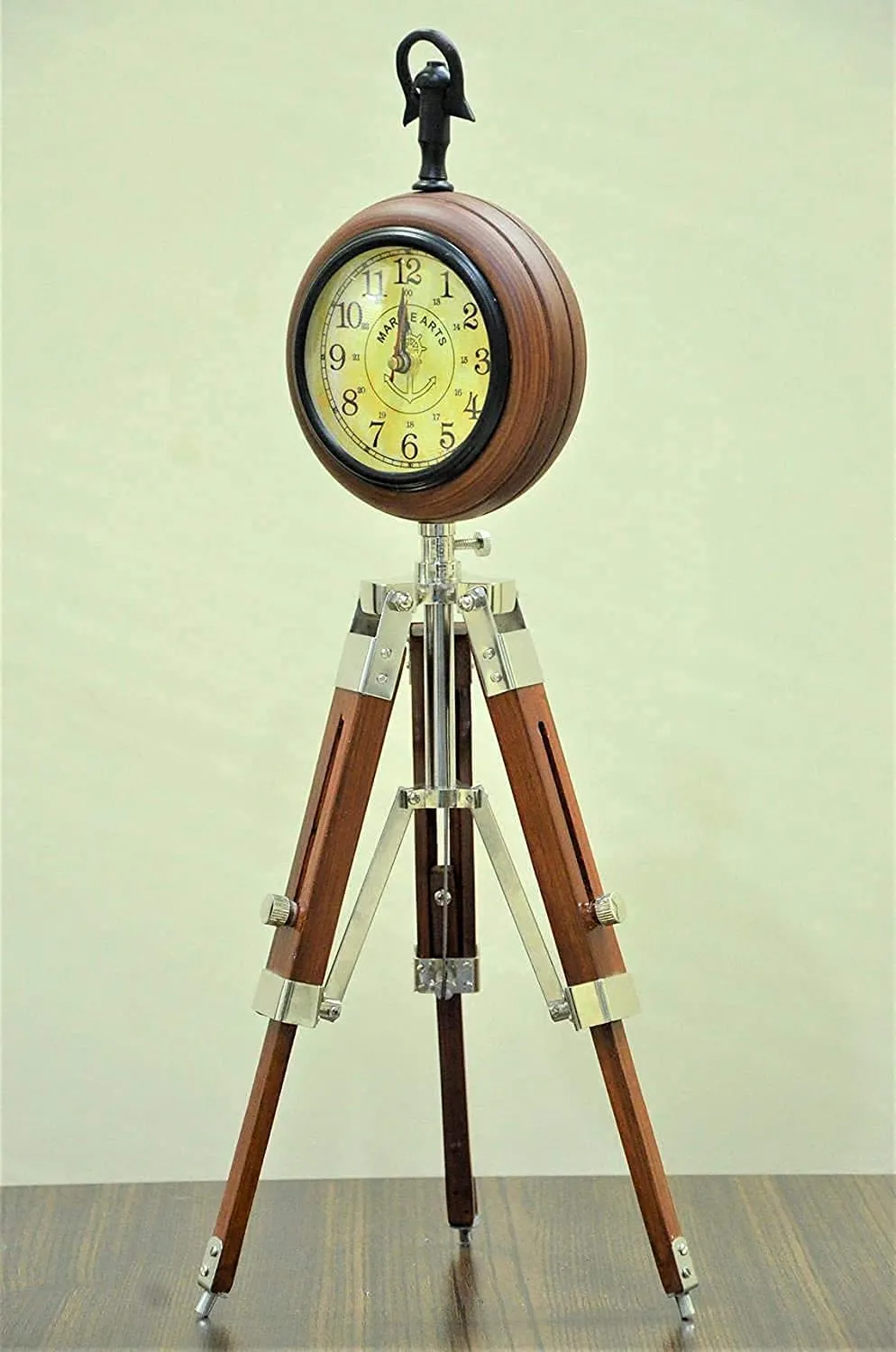 LINE WOOD™ - Handmade Wooden Table Clock Deck Clock with Adjustable Tripod Stand Steel Finish Victoria Stayle Home & Office Decor Gift (20 Inch Antique Brown)