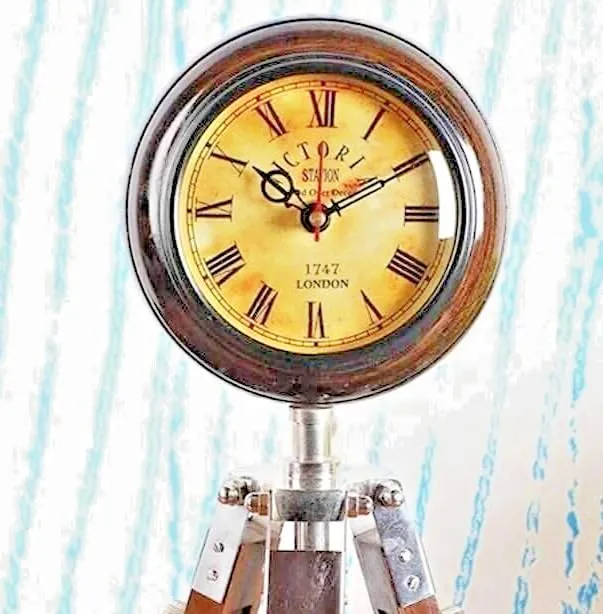 LINE WOOD™ - Handmade Wooden Table Clock Deck Clock with Adjustable Tripod Stand Steel Finish Victoria Stayle Home & Office Decor Gift (20 inch Brown)