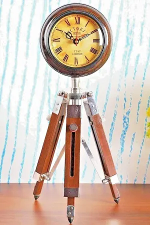 LINE WOOD™ - Handmade Wooden Table Clock Deck Clock with Adjustable Tripod Stand Steel Finish Victoria Stayle Home & Office Decor Gift (20 inch Brown)