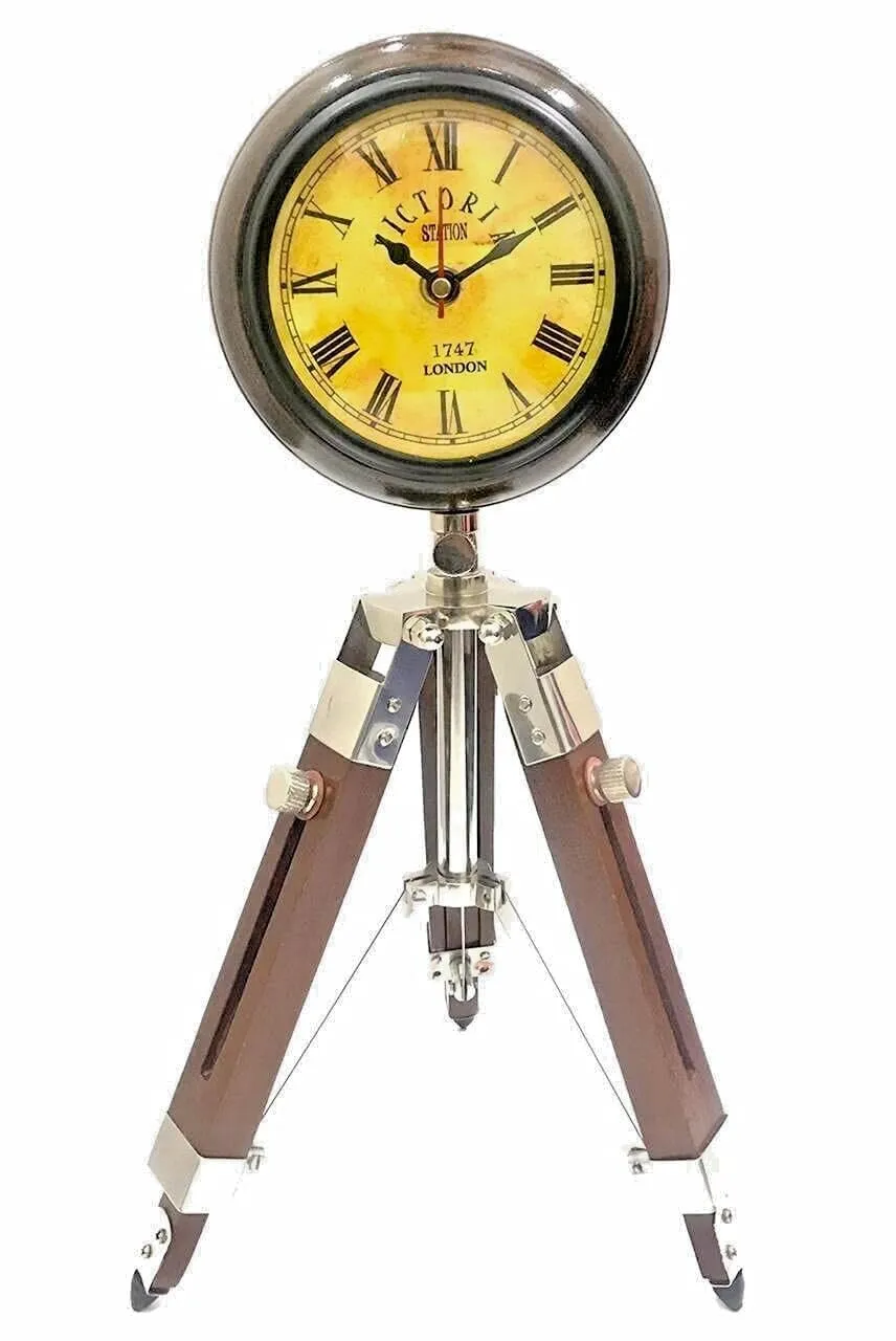 LINE WOOD™ - Handmade Wooden Table Clock Deck Clock with Adjustable Tripod Stand Steel Finish Victoria Stayle Home & Office Decor Gift (20 inch Brown)