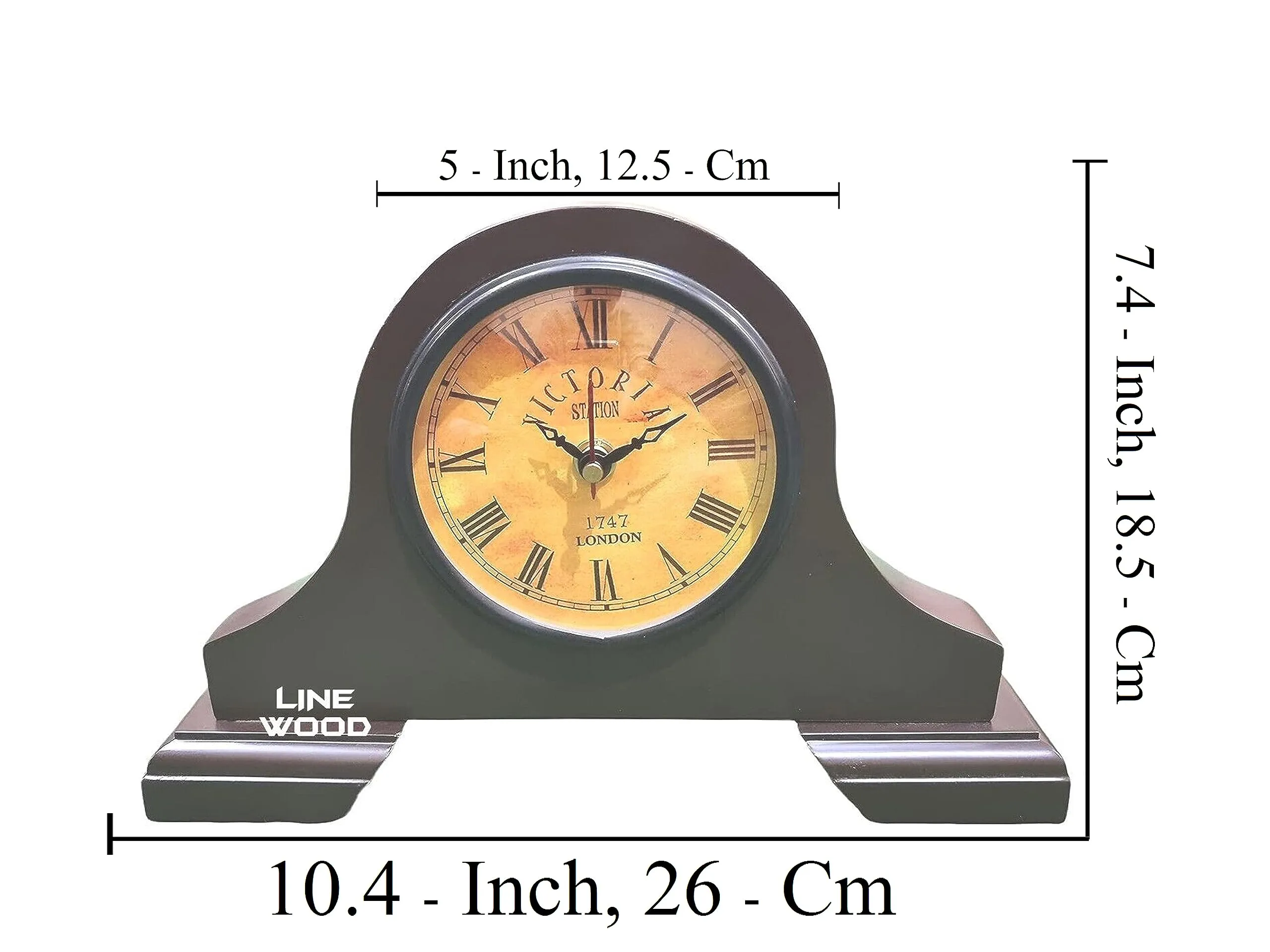 LINE WOOD™ - Handmade Wooden Table Clock Desk Clock Victoria Style Mantel Clock Battery Operated Shelf Clock for Home & Office, Bed Room, Kids Room, Study Room, Study Room Decor Gift (10"- Brown)